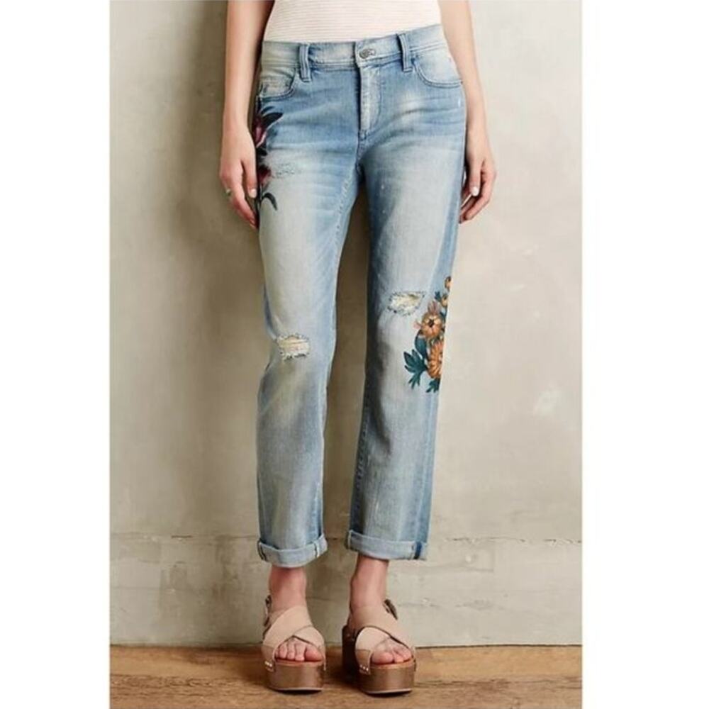 Pilcro by Anthropologie Boho Floral Mid Rise Boyfriend Distressed Denim Jeans - Picture 1 of 10